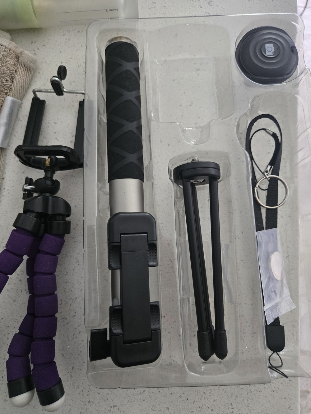 Portable Selfie Stick + Tripod and Flexible Phone Holder - Black & Purple